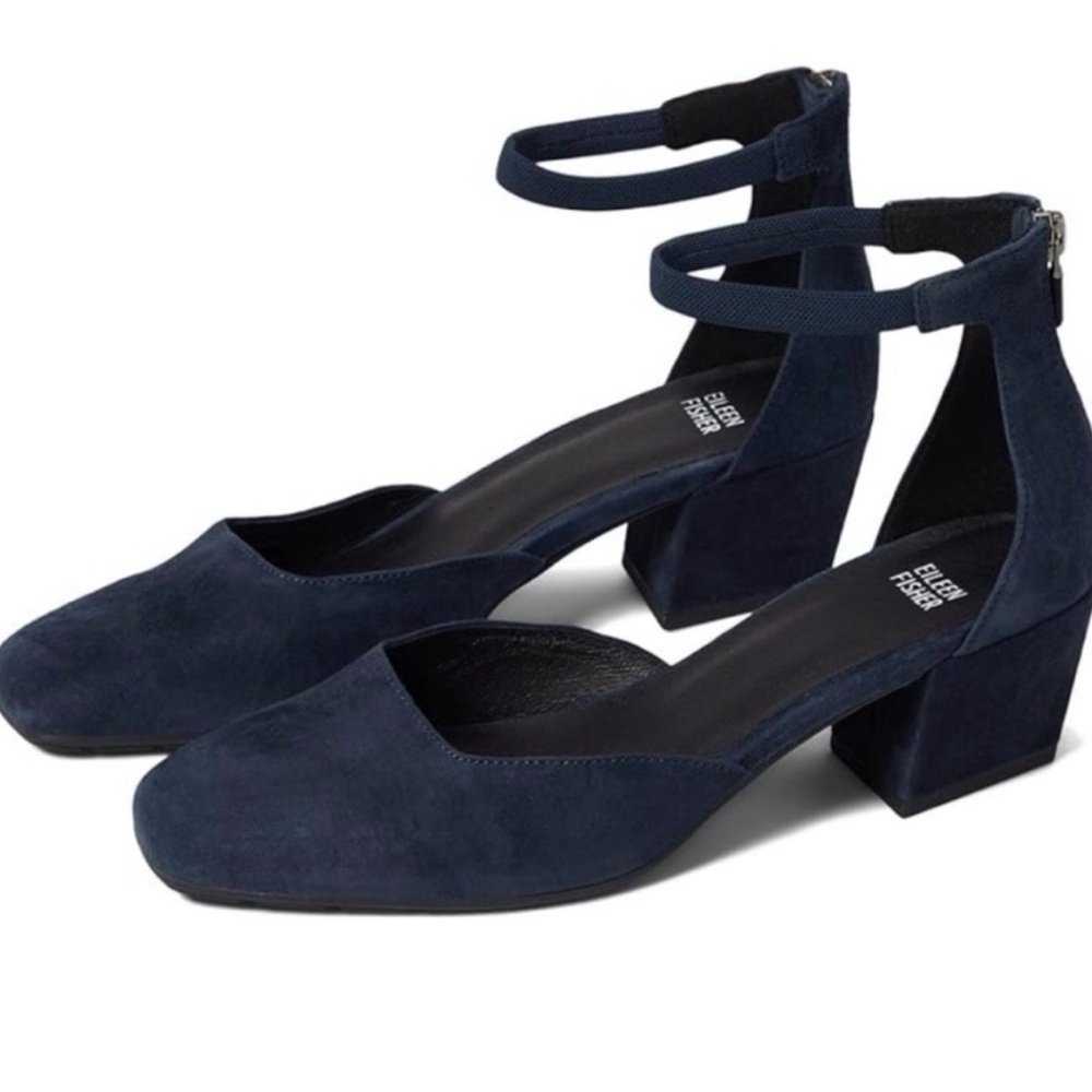 Eileen Fisher BLACK Suede-like Square-Toe Ankle-Strap Heels